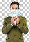 Money, cash and portrait of business man on studio background for investment, bonus and stock market. Finance success, winner and isolated male with bills for winning, profit and wealth opportunity