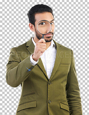 Buy stock photo Magnifying glass, eye and portrait and business of man for investigation, audit check or company inspection. Compliance, corporate espionage and person search isolated on transparent, png background