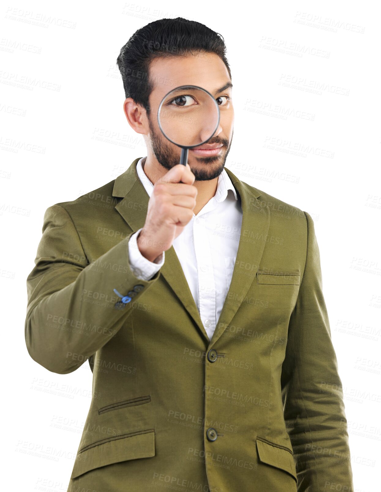 Buy stock photo Magnifying glass, eye and portrait and business of man for investigation, audit check or company inspection. Compliance, corporate espionage and person search isolated on transparent, png background