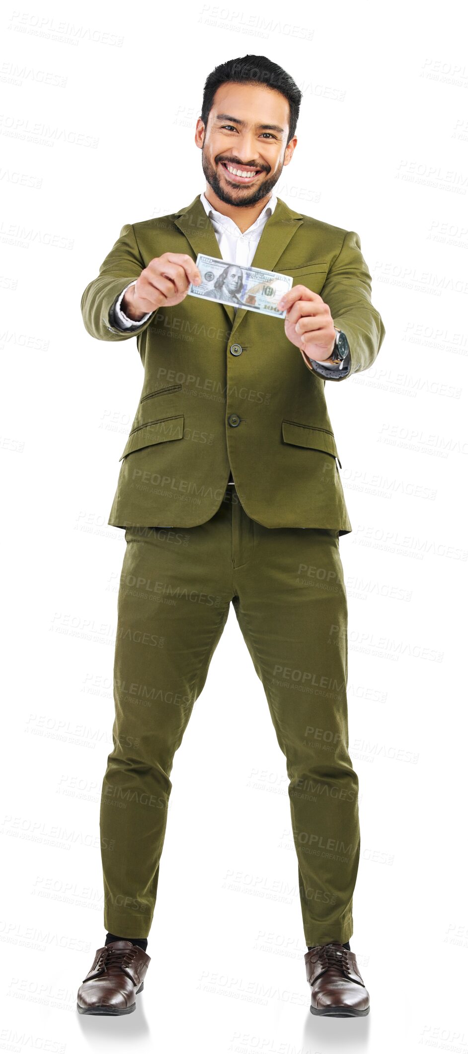 Buy stock photo Finance, money and dollar with portrait of man on png for investment, bonus and competition. Lottery, promotion and cash with person isolated on transparent background for success, reward or profit