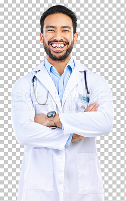 Buy stock photo Happy, crossed arms and portrait of a man doctor with confidence for medical consultation. Face, smile and professional male healthcare worker with leadership isolated by a transparent png background