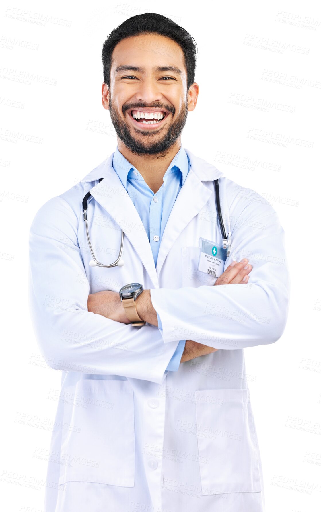 Buy stock photo Happy, crossed arms and portrait of a man doctor with confidence for medical consultation. Face, smile and professional male healthcare worker with leadership isolated by a transparent png background