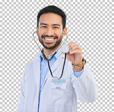 Buy stock photo Doctor, stethoscope and portrait of man with smile on isolated, png and transparent background. Healthcare, hospital and happy male worker with equipment for cardiology, medical care and service