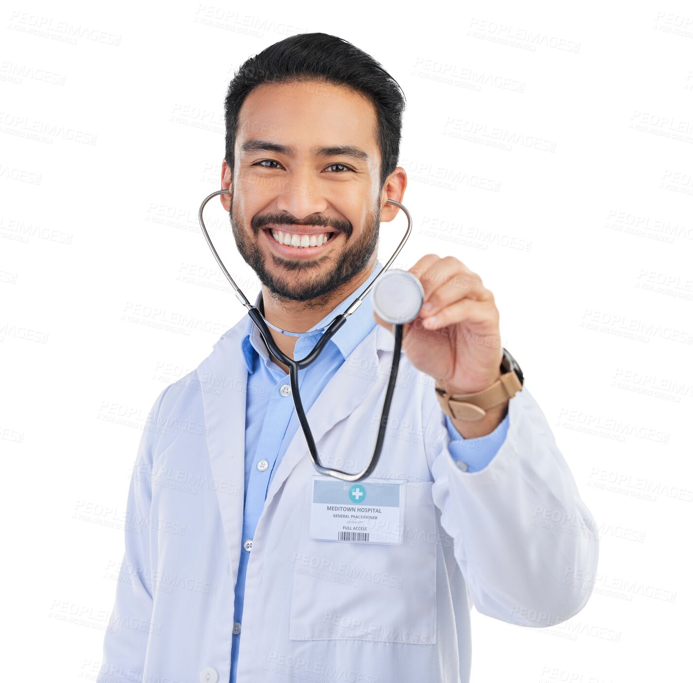 Buy stock photo Doctor, stethoscope and portrait of man with smile on isolated, png and transparent background. Healthcare, hospital and happy male worker with equipment for cardiology, medical care and service