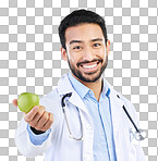 Doctor, man and apple in portrait, happy with health and nutritionist isolated on studio background. Medical professional, male physician with smile and healthcare, promote healthy diet and nutrition