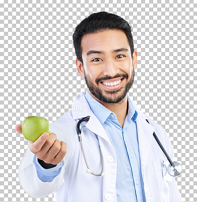 Buy stock photo Asian man, portrait and doctor with apple for diet health isolated on a transparent PNG background. Happy male person, medical or healthcare professional smile with organic fruit in natural nutrition