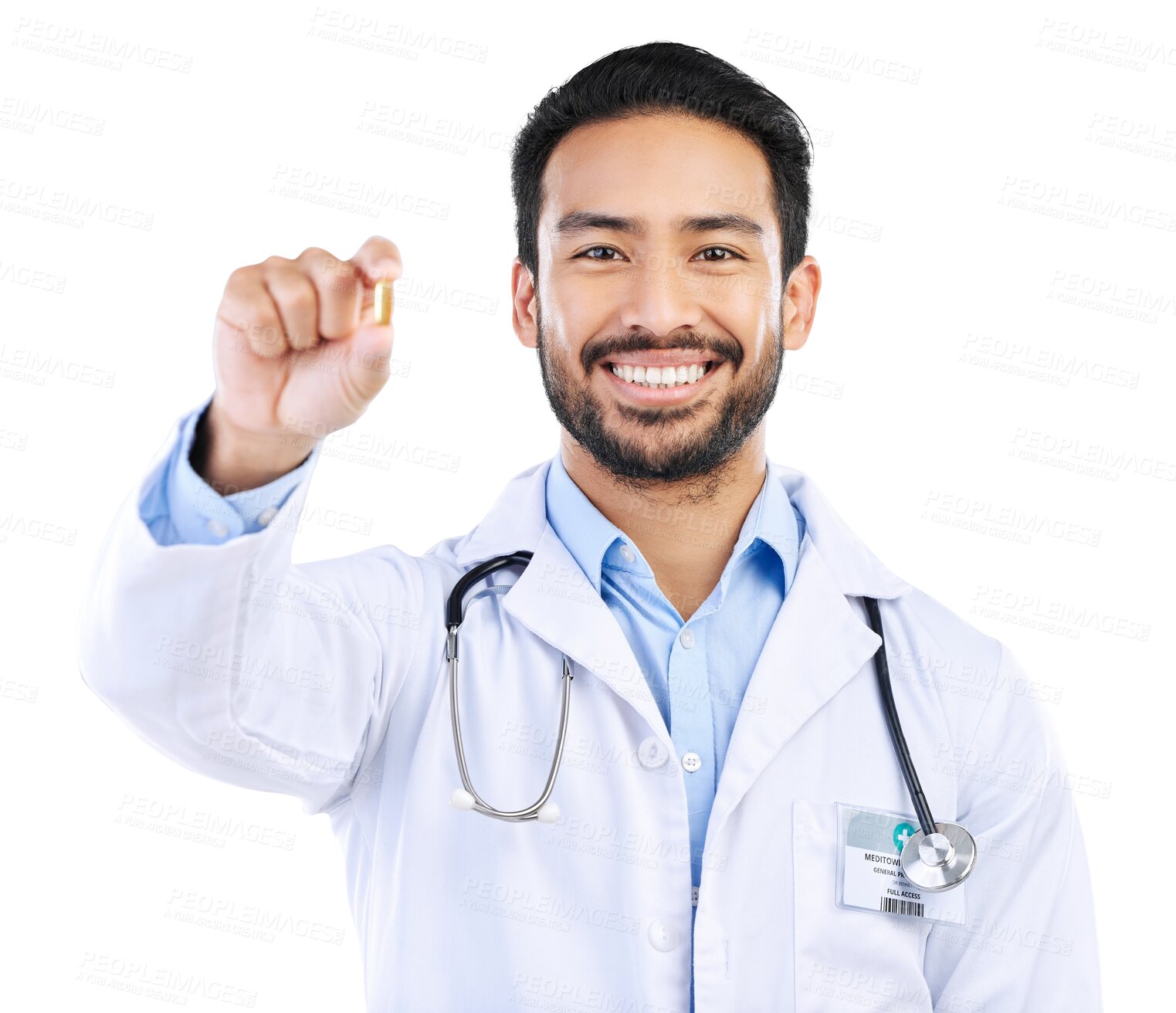 Buy stock photo Pills, medicine and doctor with portrait of man on png for healthcare, supplements and treatment. Happy, medical and pharmacy with person isolated on transparent background for wellness prescription