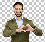 Portrait, heart and hand gesture with a business man in studio on a gray background for health or love. Hands, emoji and shape with a happy male employee showing a symbol or sign of affection