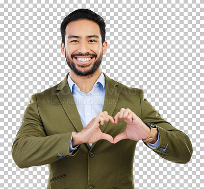 Buy stock photo Portrait, heart shape and young businessman with a valentines day hand gesture or emoji. Hands, happy and professional male person with a love sign or symbol isolated by a transparent png background.