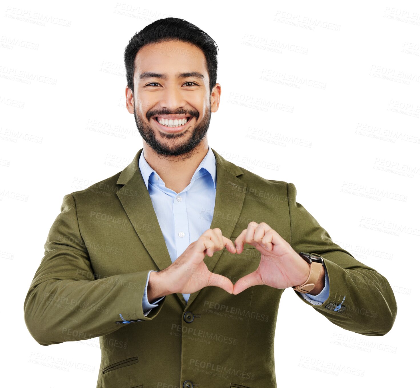 Buy stock photo Portrait, heart shape and young businessman with a valentines day hand gesture or emoji. Hands, happy and professional male person with a love sign or symbol isolated by a transparent png background.