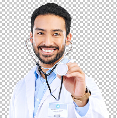 Buy stock photo Doctor, happy  and portrait of man with stethoscope on isolated, png and transparent background. Healthcare, hospital and face of male worker with equipment for cardiology, medical care and service