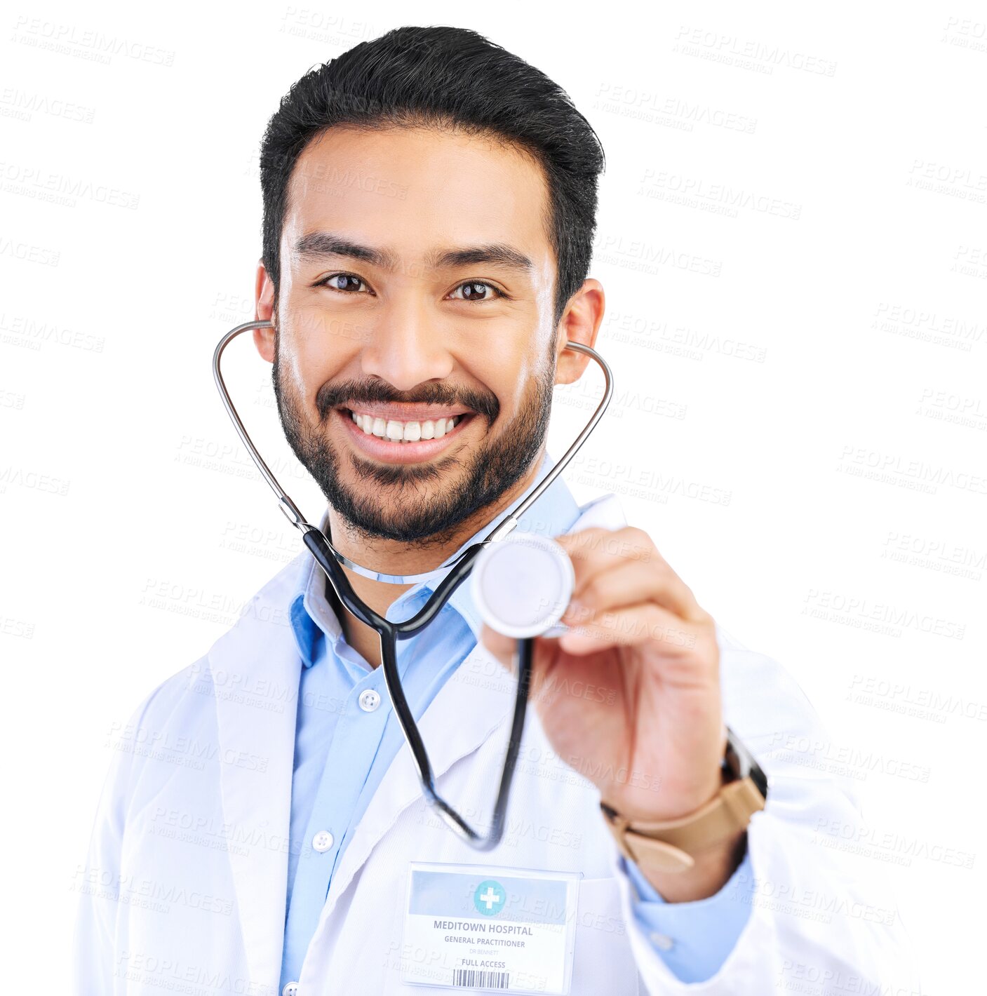 Buy stock photo Doctor, happy  and portrait of man with stethoscope on isolated, png and transparent background. Healthcare, hospital and face of male worker with equipment for cardiology, medical care and service