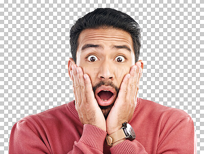 Buy stock photo Surprise, wow and hands on face of asian man with gossip, secret or drama on isolated, transparent or png background.  Wtf, news and male portrait with omg emoji for promo, deal or coming soon sale