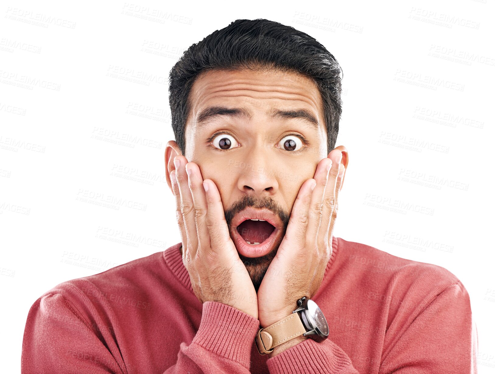 Buy stock photo Surprise, wow and hands on face of asian man with gossip, secret or drama on isolated, transparent or png background.  Wtf, news and male portrait with omg emoji for promo, deal or coming soon sale