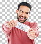 Money, cash and portrait of man wink on white background for investment, financial savings and payment. Finance profit, winner and excited male for winning, bonus and stock market success in studio