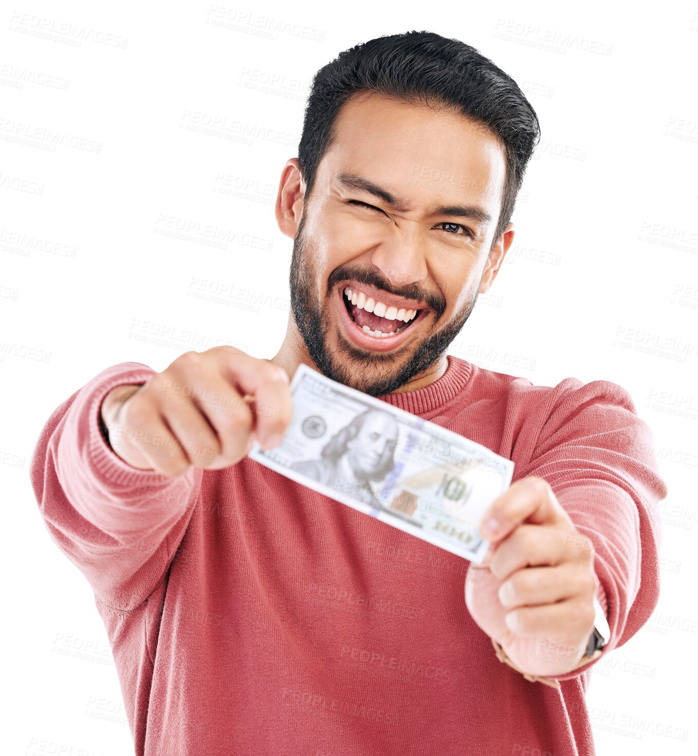 Buy stock photo Happy asian man, portrait and cash dollar in finance isolated on a transparent PNG background. Excited male person or winner with money wink in financial freedom, savings or investment and growth