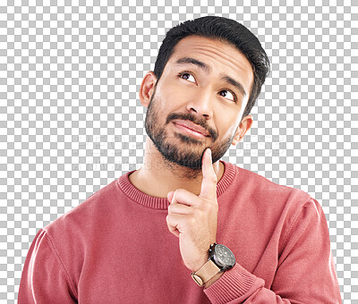 Buy stock photo Thinking, decision and face of asian man with questions on isolated, transparent or png background. Idea, choice and male person with doubt emoji, puzzled or unsure, why or how to or what if gesture