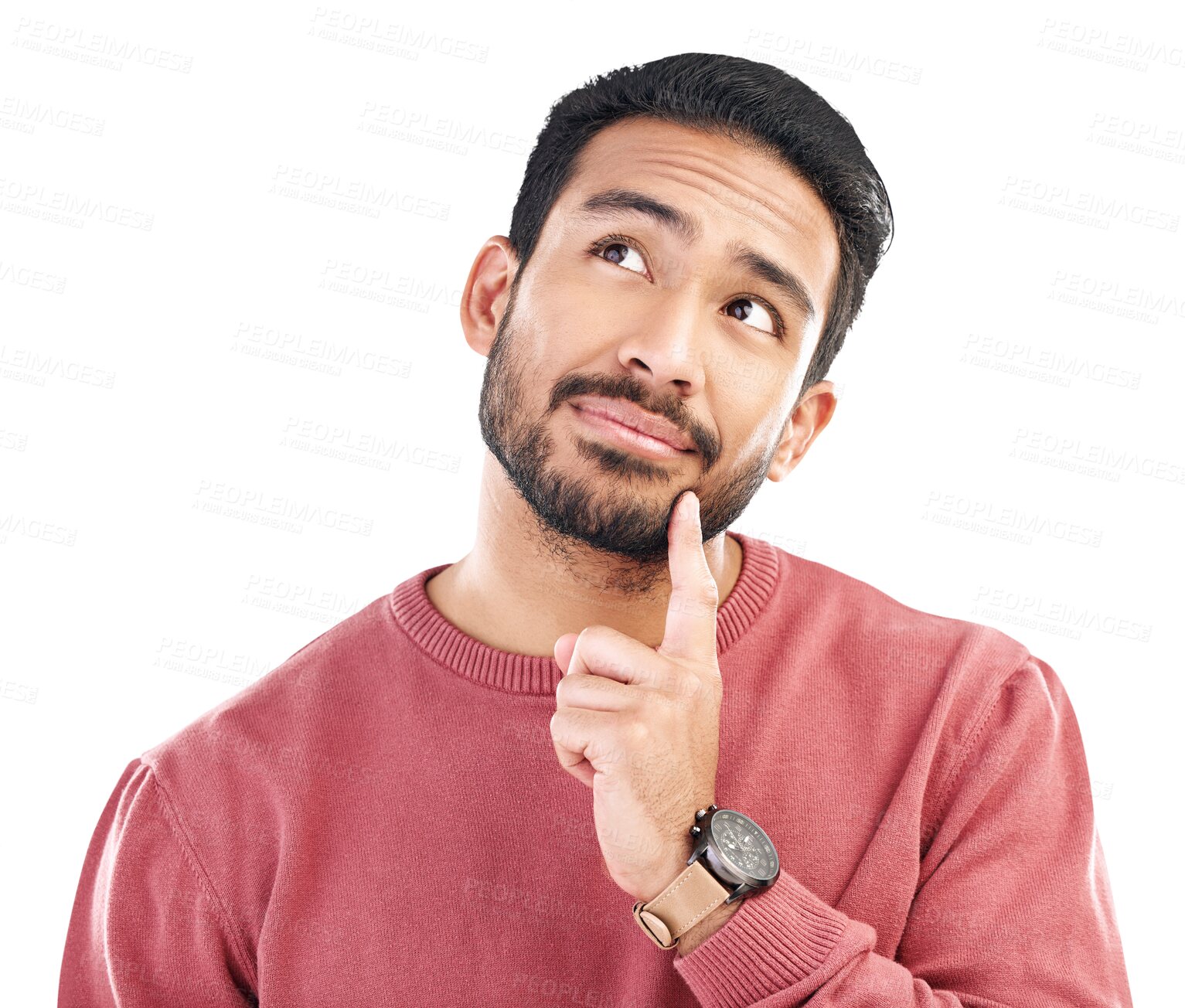 Buy stock photo Thinking, decision and face of asian man with questions on isolated, transparent or png background. Idea, choice and male person with doubt emoji, puzzled or unsure, why or how to or what if gesture