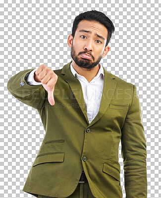 Buy stock photo Thumbs down, portrait and business man with fail of bad news, vote with hand emoji and isolated on transparent png background. Sad asian male worker show negative opinion, wrong decision and feedback