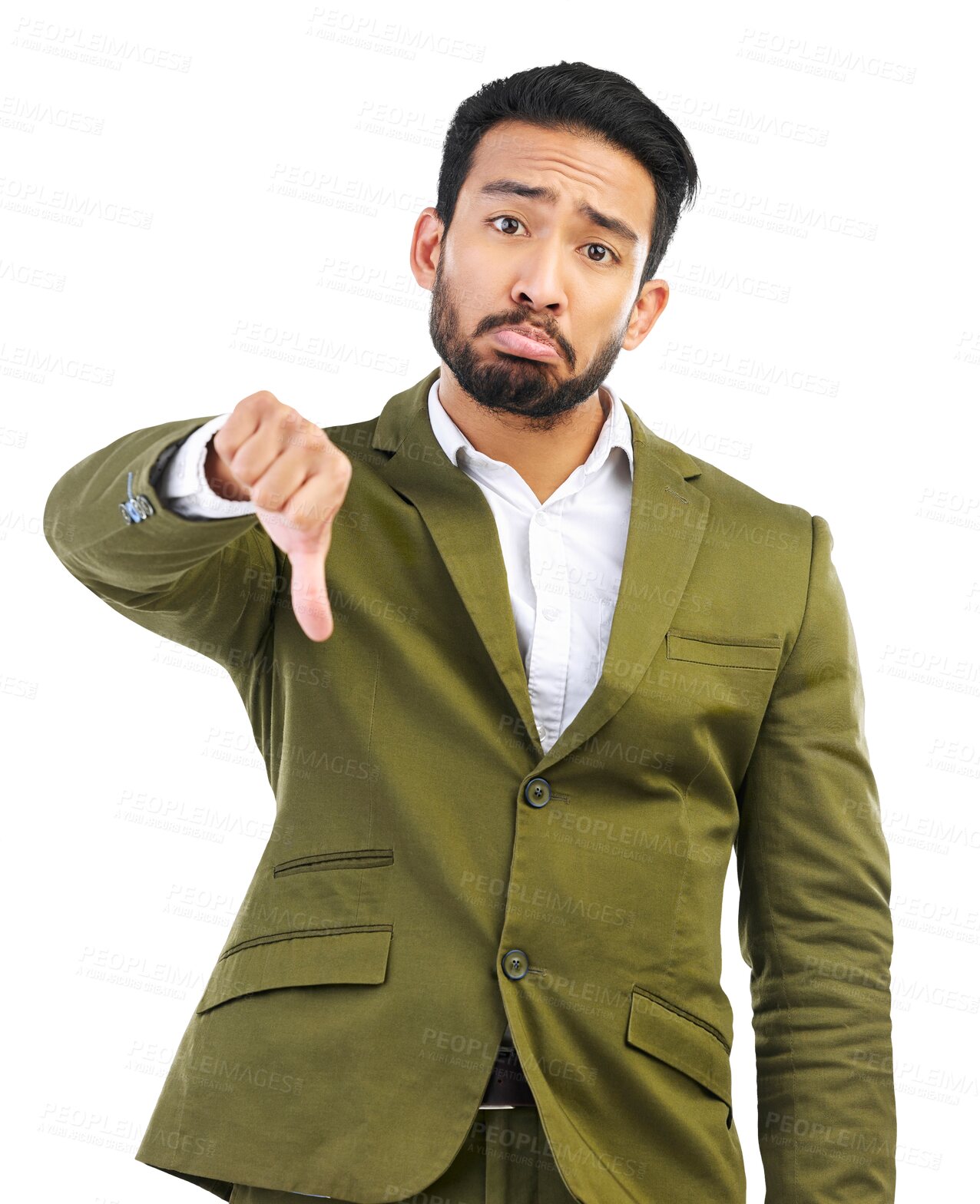 Buy stock photo Thumbs down, portrait and business man with fail of bad news, vote with hand emoji and isolated on transparent png background. Sad asian male worker show negative opinion, wrong decision and feedback