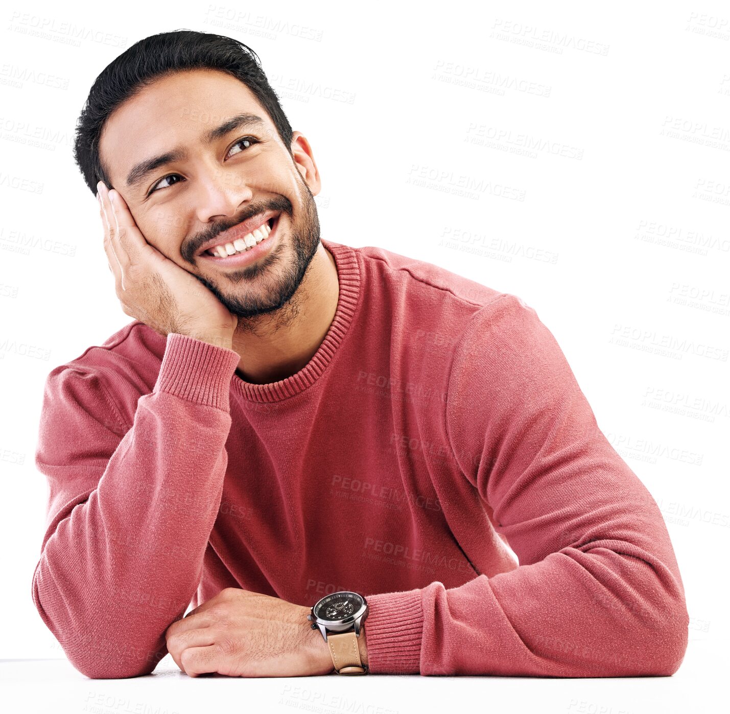 Buy stock photo Asian man, thinking and dream with smile, future and mindset with decision isolated on transparent png background. Male person, inspiration and vision with happiness, positive thoughts and relax