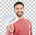 Cash, money and portrait of man investor on white background for investment, financial savings and payment. Finance profit, winner and happy male for winning, prize and stock market success in studio