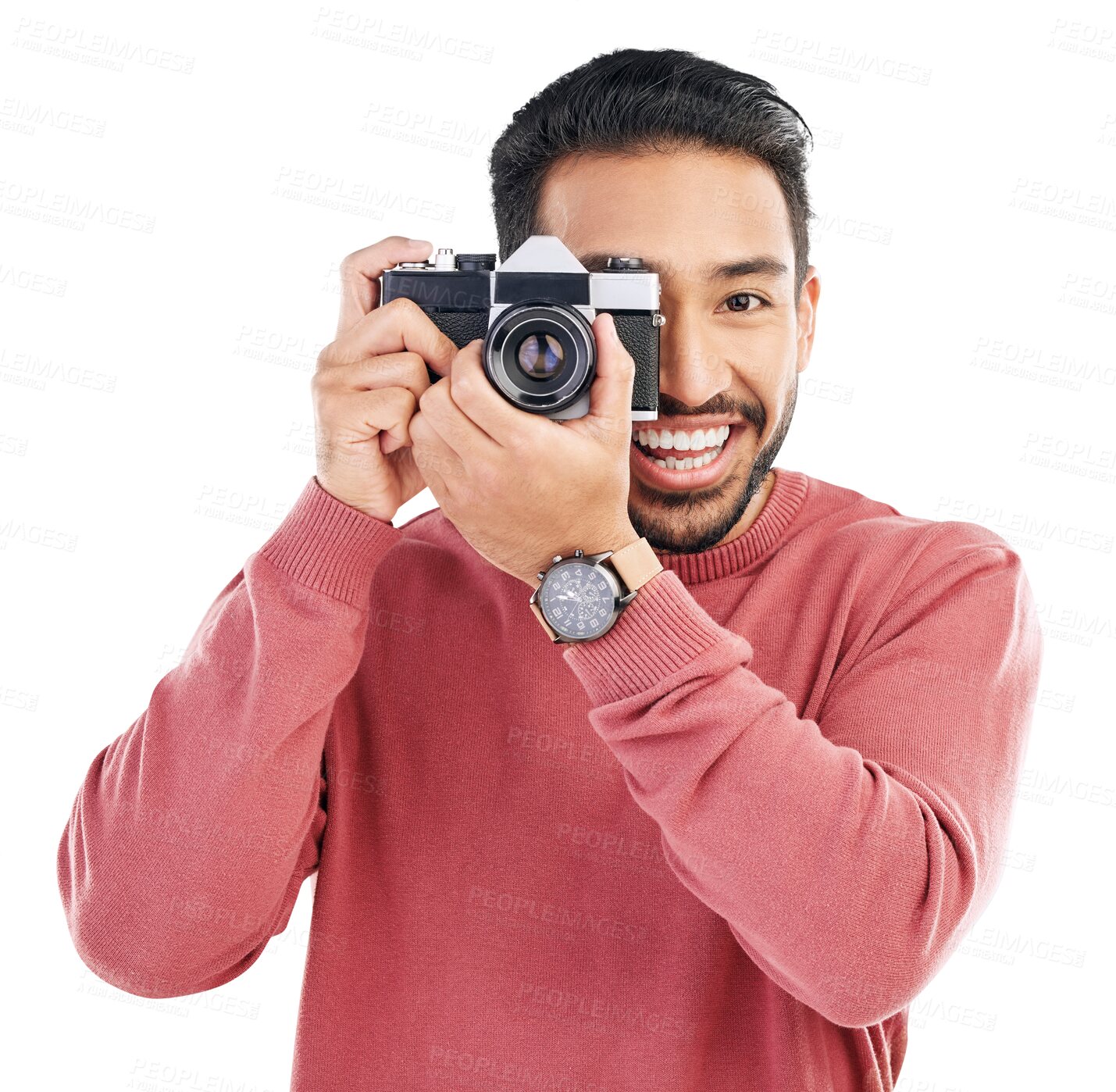 Buy stock photo Photography, creative and portrait of a man with a camera for art or photoshoot production job. Happy, smile and male photographer taking pictures for media isolated by a transparent png background.