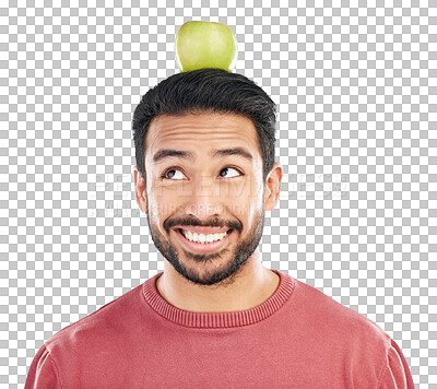 Buy stock photo Face, thinking and apple on head of asian man in diet, nutrition benefits and balance isolated on transparent png background. Happy male person with healthy fruits for vegan detox, wellness and snack