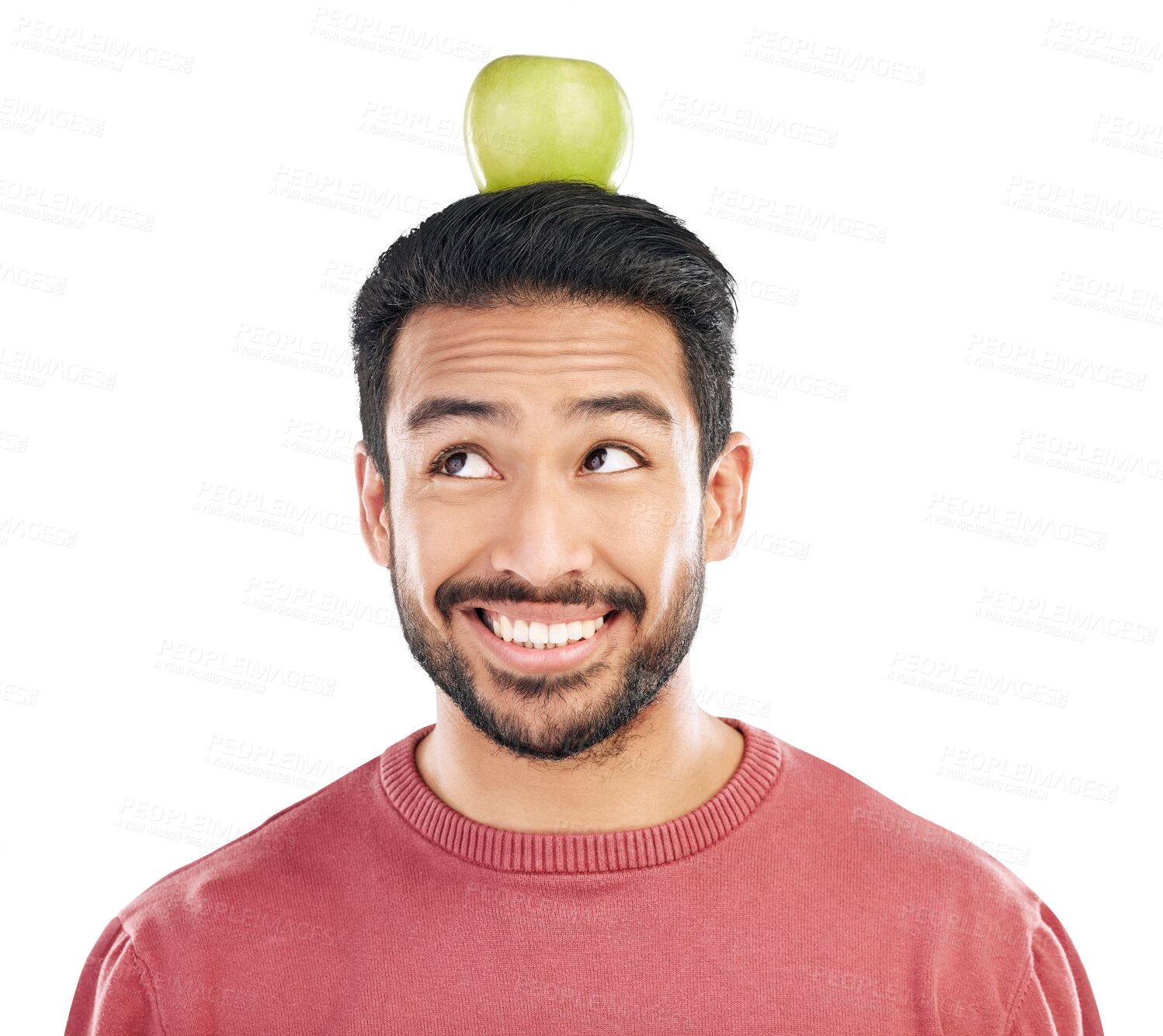 Buy stock photo Face, thinking and apple on head of asian man in diet, nutrition benefits and balance isolated on transparent png background. Happy male person with healthy fruits for vegan detox, wellness and snack