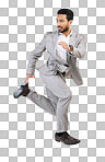 Running, hurry and business man late for work jump, rushing and sprint for appointment in studio. Corporate, time management and Asian male worker isolated on white background in action to workplace