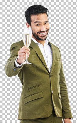 Buy stock photo Toast, smile and champagne with portrait of man for celebration, party and holiday. Success, winner and cheers with happy male person and glass isolated on transparent, png background for event