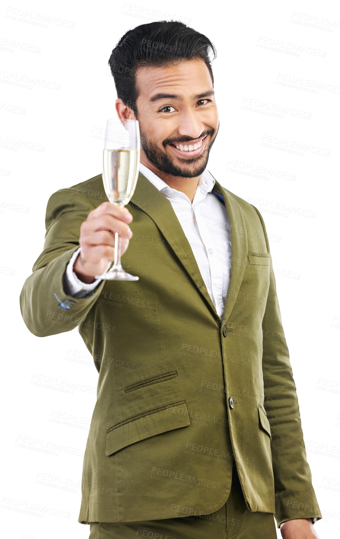 Buy stock photo Toast, smile and champagne with portrait of man for celebration, party and holiday. Success, winner and cheers with happy male person and glass isolated on transparent, png background for event