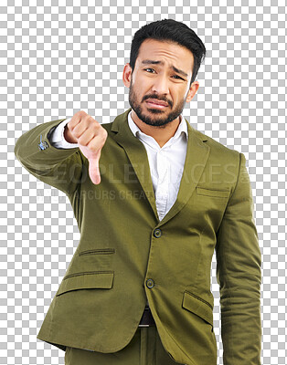 Buy stock photo Thumbs down, business and portrait of asian man with bad news, emoji sign and isolated on transparent png background. Sad male employee show negative opinion, wrong decision and feedback with hands