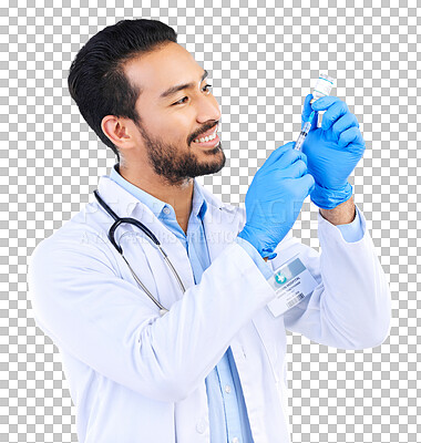 Buy stock photo Vaccine, doctor and medicine with man and syringe on png for medical, pharmacy and treatment. Virus, healthcare and wellness with person isolated on transparent background for injection and bottle