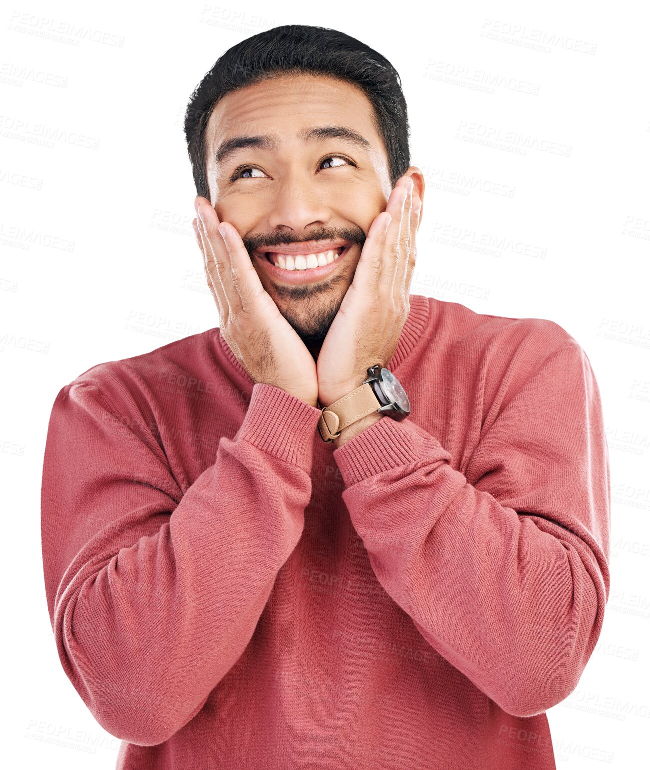 Buy stock photo Excited, smile and hands on face of asian man with wow surprise on isolated, transparent and png background. Happy, celebration and male winner with good news, emoji and prize giveaway satisfaction