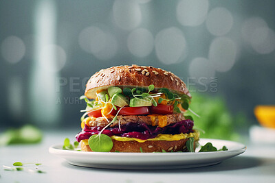 Food, catering and healthy vegan burger on table for restaurant, bakery and hospitality. Ai generated nutrition, diet and cooking with British cuisine in studio background for kitchen and coffee shop