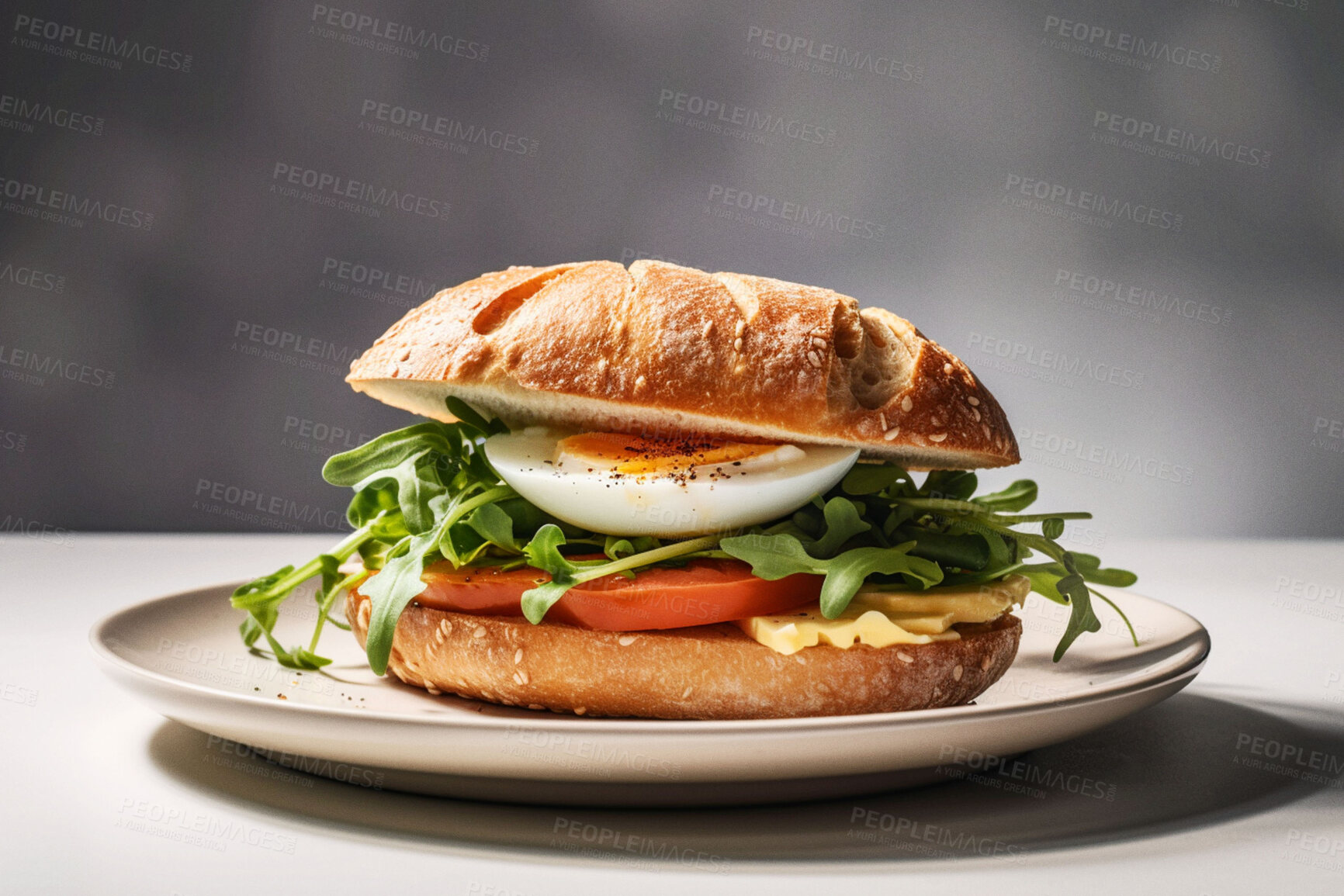 Buy stock photo Food, health and breakfast with egg bun on table for restaurant, bakery and hospitality. Ai generated nutrition, diet and cooking with Mediterranean cuisine on background for kitchen and coffee shop