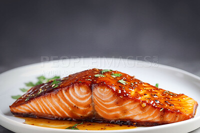 Food, catering and honey with salmon on table for restaurant, fine dining and hospitality. Ai generated nutrition, diet and cooking with seafood cuisine in background for paleo, kitchen and dinner