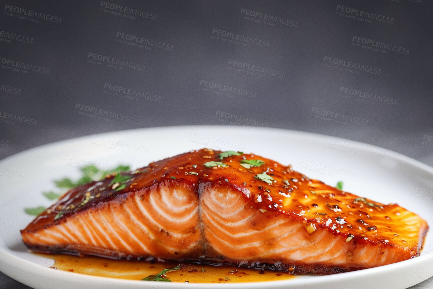 Buy stock photo Food, catering and honey with salmon on table for restaurant, fine dining and hospitality. Ai generated nutrition, diet and cooking with seafood cuisine in background for paleo, kitchen and dinner