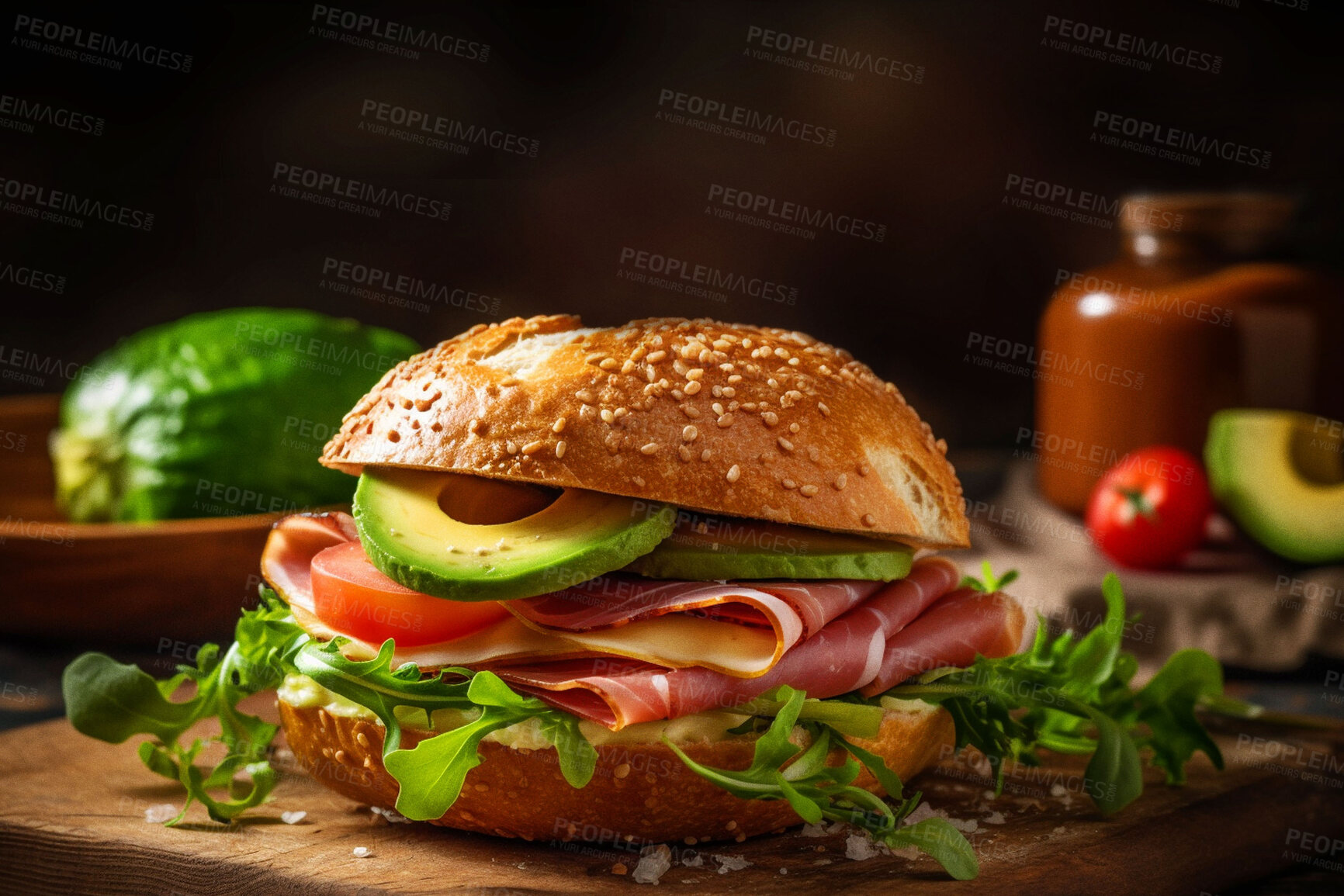 Buy stock photo Food, health or avocado with bacon bun on table for restaurant, bakery and hospitality. Ai generated nutrition, diet and cooking with British cuisine on background for product, kitchen or coffee shop