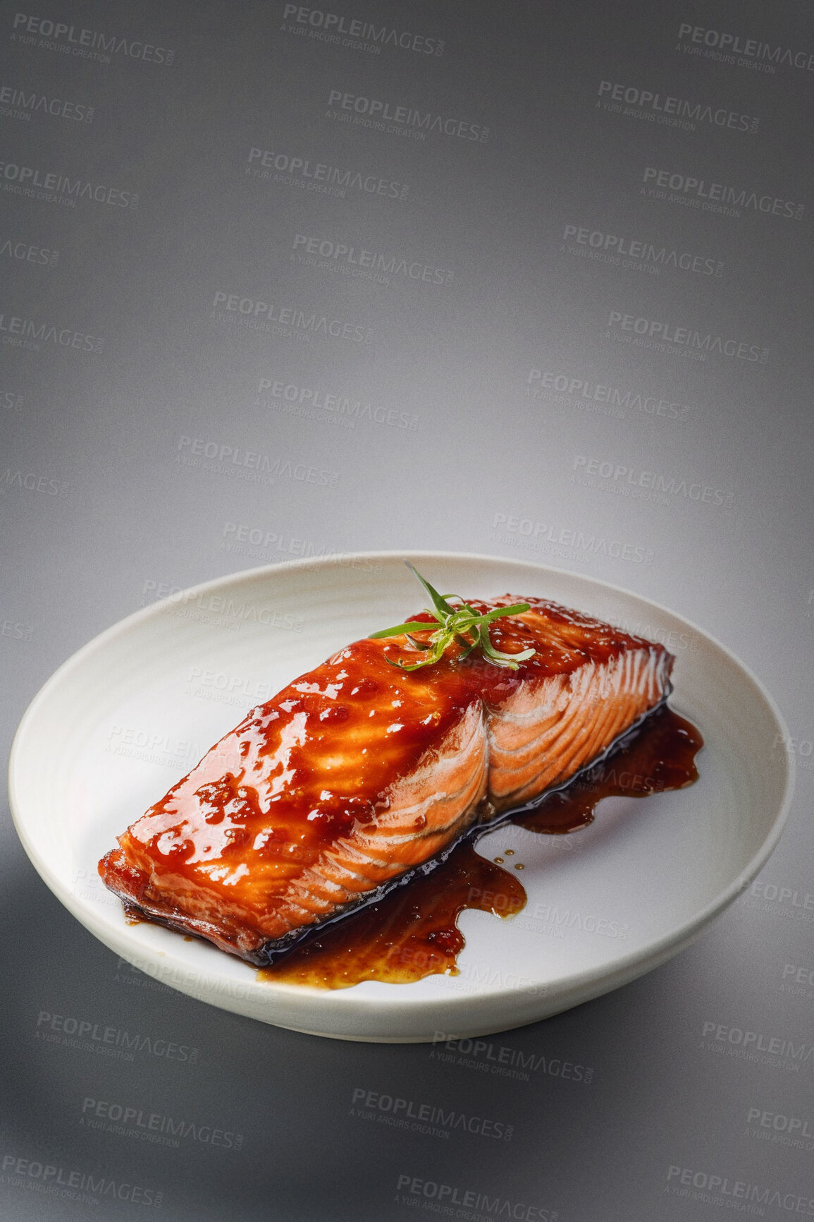 Buy stock photo Food, catering and health salmon on table for restaurant, fine dining and hospitality. Ai generated nutrition, diet and cooking with seafood cuisine in studio background for paleo, kitchen and dinner