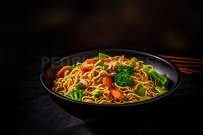Food, catering and chicken with stir fry noodles on table for restaurant, fine dining and hospitality. Ai generated nutrition, diet and cooking with Chinese cuisine on background for kitchen dinner