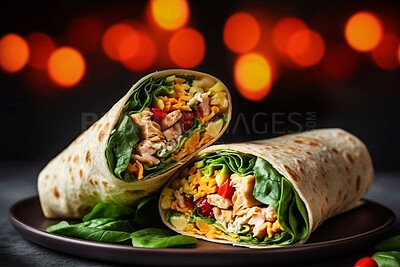 Buy stock photo Food, catering and health with chicken wrap on table for restaurant, bakery and hospitality. Ai generated nutrition, diet and cooking with Mexican cuisine in background for kitchen and coffee shop