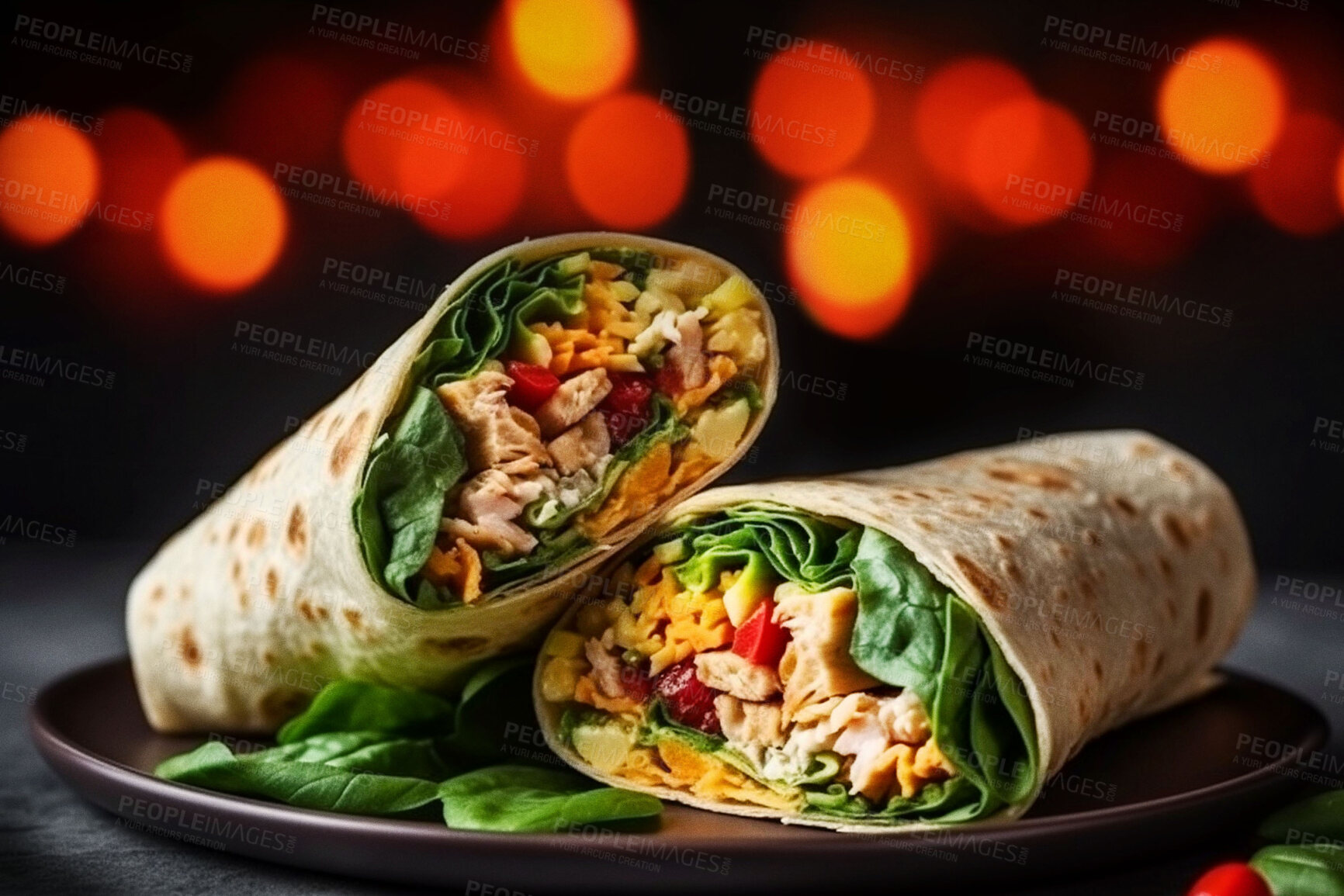 Buy stock photo Food, catering and health with chicken wrap on table for restaurant, bakery and hospitality. Ai generated nutrition, diet and cooking with Mexican cuisine in background for kitchen and coffee shop