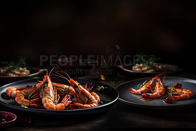 Food, catering and seafood with prawn on table for restaurant, fine dining or hospitality. Ai generated nutrition, diet or cooking with Thailand cuisine in background for wellness, kitchen and dinner