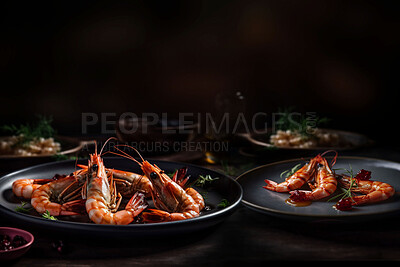 Buy stock photo Food, catering and seafood with prawn on table for restaurant, fine dining or hospitality. Ai generated nutrition, diet or cooking with Thailand cuisine in background for wellness, kitchen and dinner