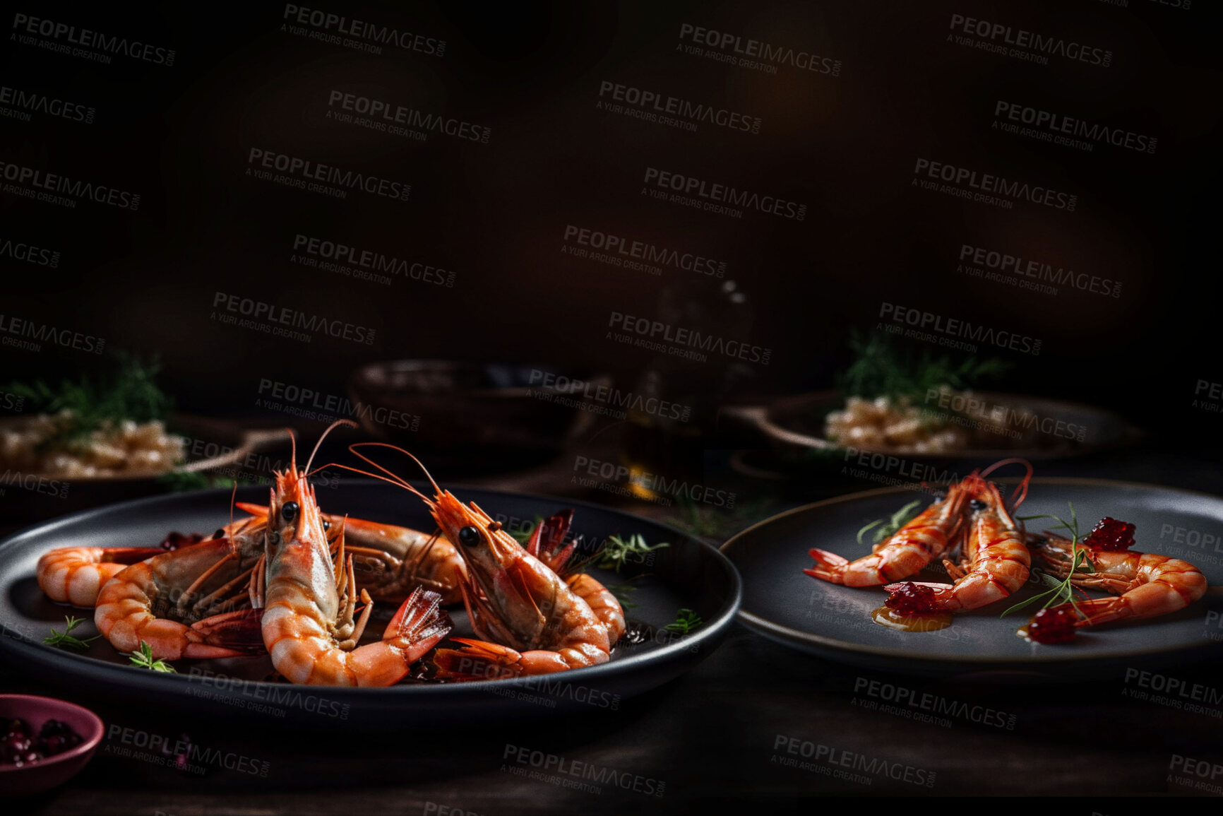 Buy stock photo Food, catering and seafood with prawn on table for restaurant, fine dining or hospitality. Ai generated nutrition, diet or cooking with Thailand cuisine in background for wellness, kitchen and dinner