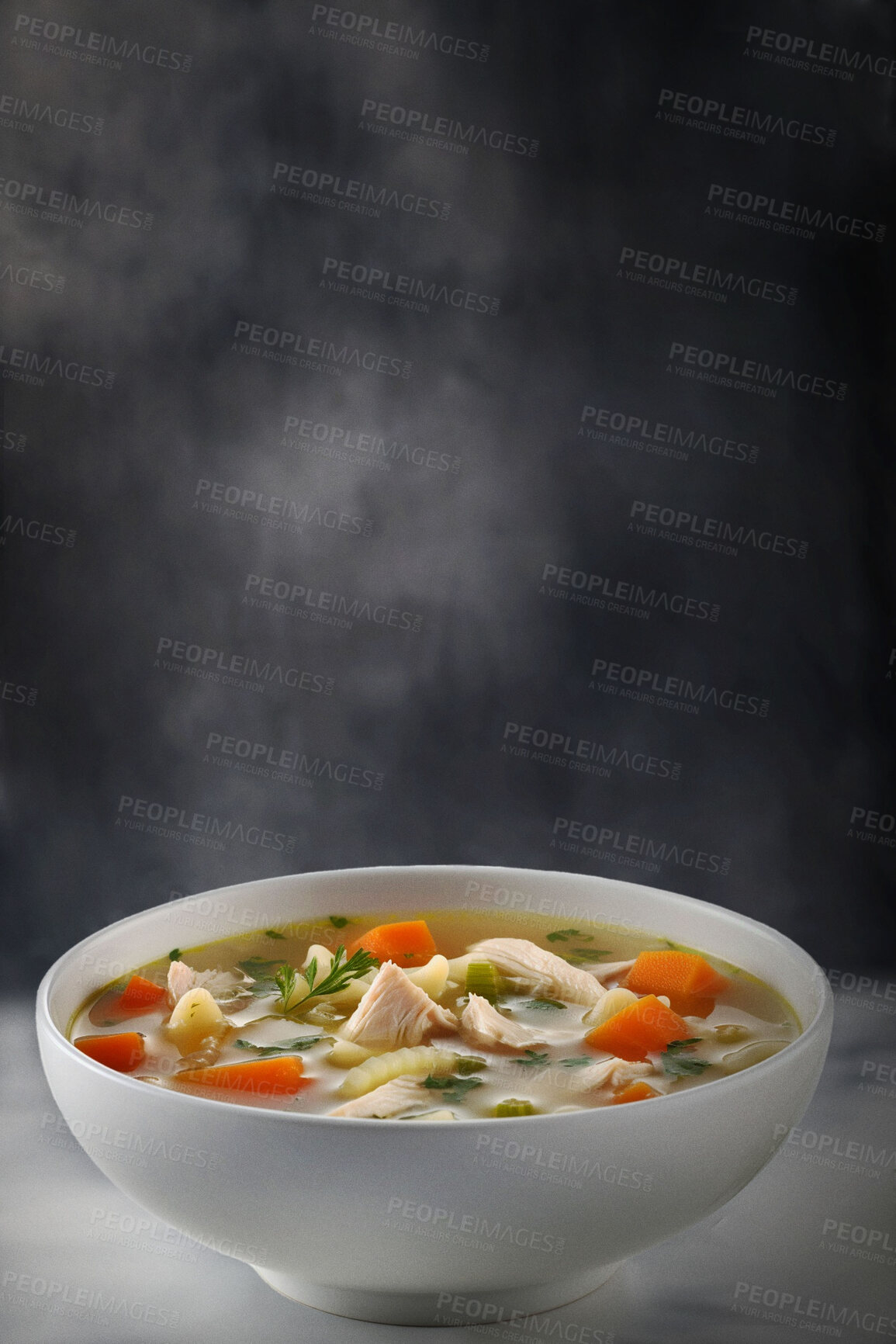 Buy stock photo Food, catering or health with chicken soup on table for restaurant, cafe or hospitality. Ai generated nutrition, diet and cooking with American cuisine in studio background for kitchen or coffee shop