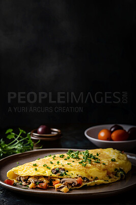 Buy stock photo Food, catering and vegetarian omelette on table for restaurant, cafe and hospitality. Ai generated nutrition, diet and cooking with french cuisine in studio background for egg, kitchen or coffee shop