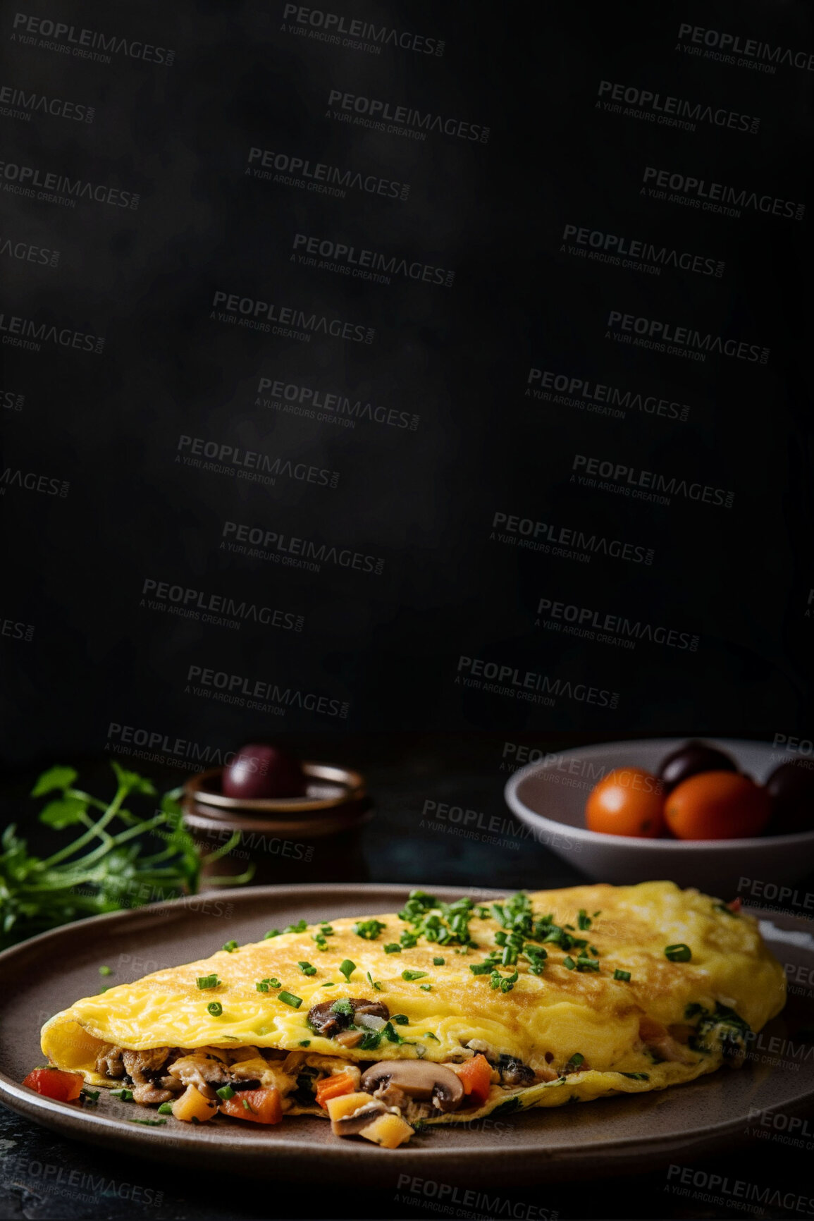 Buy stock photo Food, catering and vegetarian omelette on table for restaurant, cafe and hospitality. Ai generated nutrition, diet and cooking with french cuisine in studio background for egg, kitchen or coffee shop